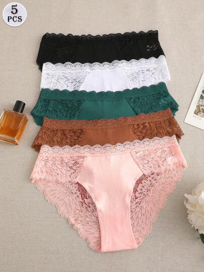 5pcs Elegant Solid Color Panty Comfy Style Lace Trim Briefs For Women
