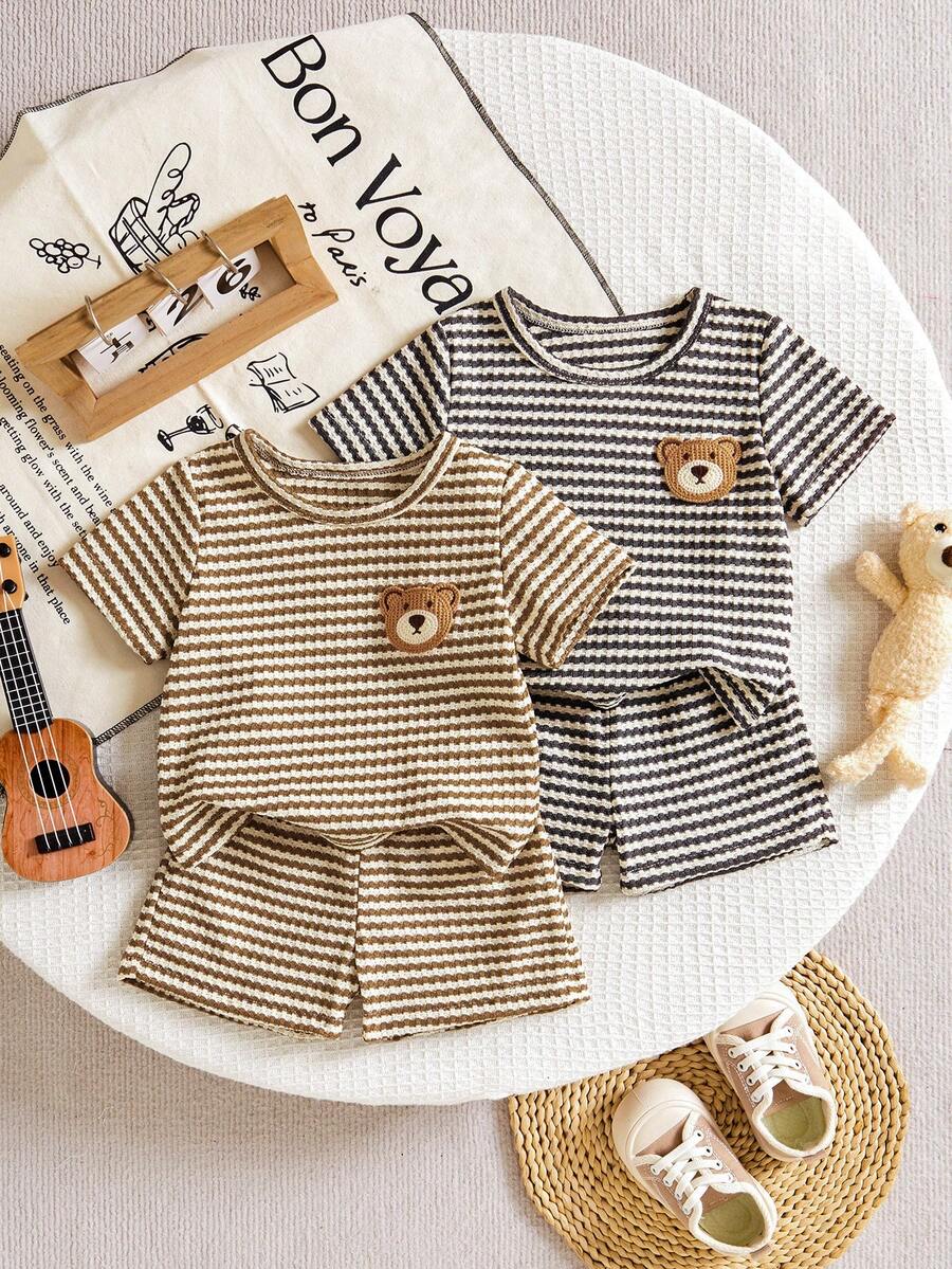 Bhchntiy 4件套男婴夏季针织条纹可爱小熊圆领透气T恤和短裤休闲时尚套装 - 彩色 - 查看 1