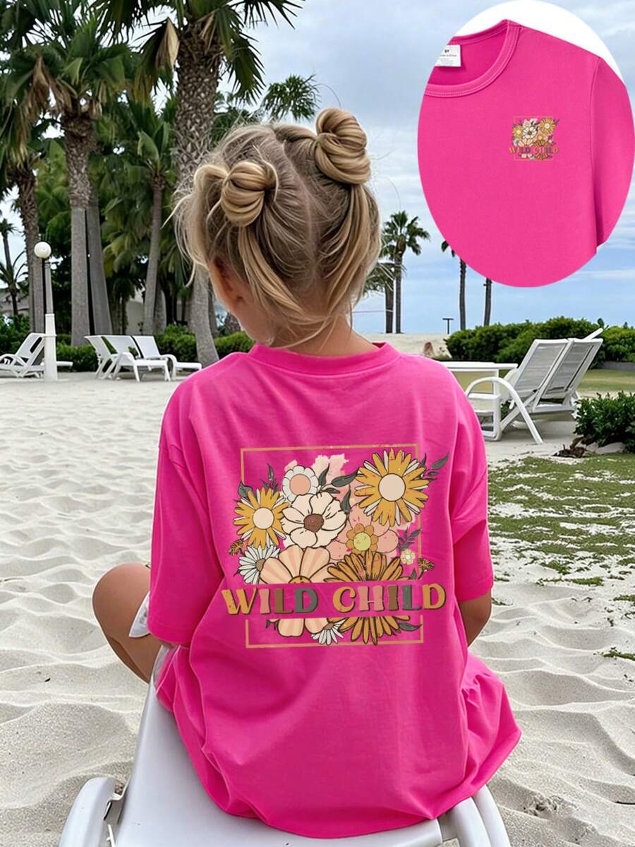 Young Girl Creative Floral & Slogan Print Short Sleeve T-Shirt - Hot Pink - View 1