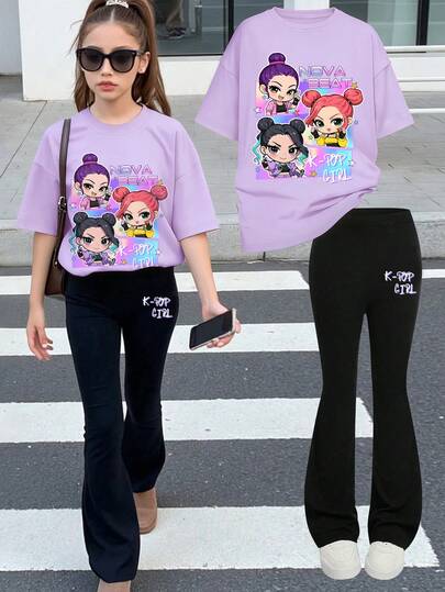 2pcs Girls' Casual Outfit,K-POP Girl Group Chibi Graphic Oversized Tee, Matching "K-POP GIRL" High-Waisted Flare Pants Set, For Back To School, Concert Hangout, Daily Leisure, Summer Wear