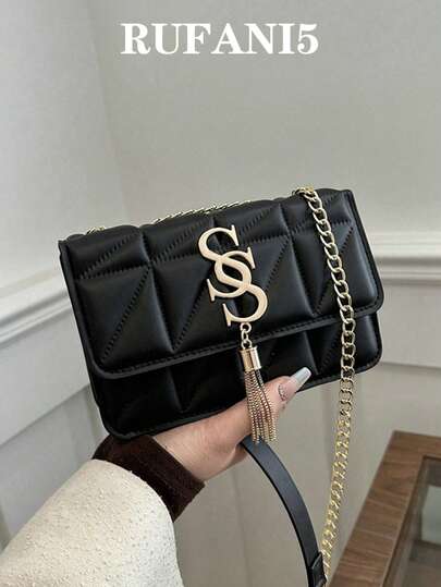 Fashion Solid Color Rhombus Pattern Flap Small Square Bag Fashionable PU Chain Strap Crossbody Bag Women's Fashion Tassel Decor Mini Shoulder Bag Wallet, Suitable For Shopping