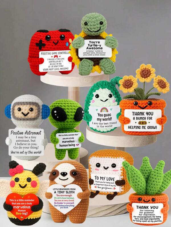 1pc Handmade Crochet Desktop Decor Figurine, Cute Cartoon Animal & Plant Shaped, Ideal Birthday/Friendship Gift For Best Friend, Sister, Mom, Grandma, Coworker, Family, Positive Emotion Support, Creative Party/Thanksgiving/Valentine's Day Decoration, Children Plush Doll, Room/Desk Ornament, Small Memorabilia