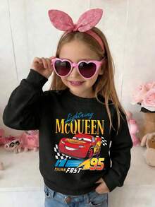 Disney Pixar Cars Lightning McQueen 95 "Think Fast" Racing Comfortable Print Young Girls' Long Sleeve Sweatshirt, Suitable For Autumn/Winter, Lightweight And Cozy, Great For Layering In Fall, Fashionable Casual Wear, Graphic Design, Back To School Season, Autumn, Back To School Party, Suitable For Outdoor Picnic, Street Photography, Home, Campus, Holidays, New Year Gift - màu đen - Xem 2