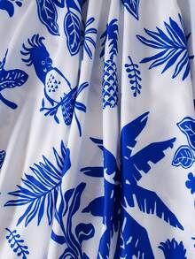 2件套女童热带植物印花吊带背心和中长裙套装，适合海滩度假和夏季穿着 - 藍色 - 查看 7