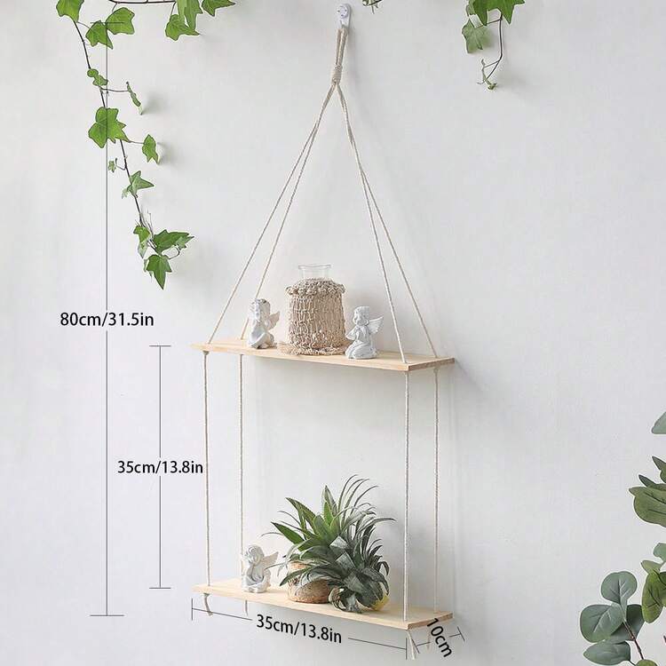 1 件套手工编织壁挂，波西米亚风格墙面装饰收纳架，带 2 个置物架，客厅/卧室背景墙收纳架，流苏纤维艺术手工编织蕾丝双层木板整理架 - 不含装饰品 - 米色 - 查看 9