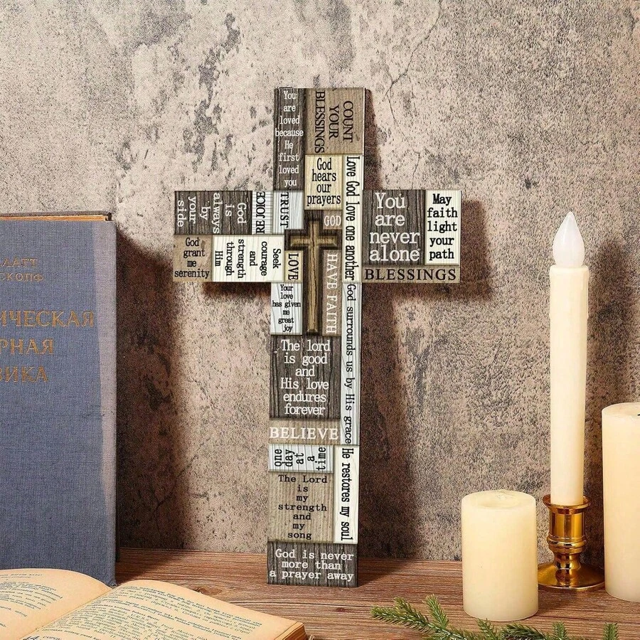 1 Peça Decoração de Páscoa de Madeira, Cruz Pendurada na Parede, Palavras e Dizeres de Cruzeiro Cristãos, Cruzes de Madeira com Palavras Inspiradoras, Sinais Motivacionais, Placas de Madeira Decorativas para Festas de Páscoa Familiares, Interiores e Exteriores, Decorações de Feriado e Decoração Doméstica, Enfeites Pendurados (Estilo Clássico) - Multicolorido - Visão 1