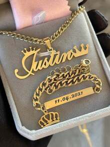 1pc New Custom Name Set Stainless Steel Love Crown Name Pendant Engraved Name,18k Gold Electroplated Stainless Steel, Teen/Boy/Girl Bracelet Necklace Set, Soccer - Multicolor - View 7
