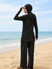 VFJ 3pcs Women High Elasticity Casual Conservative Rash Guard Long Sleeve Finger Hole Swimsuit Set, Includes High Waist Bottoms, Hooded Top, And Hat - Black - View 4