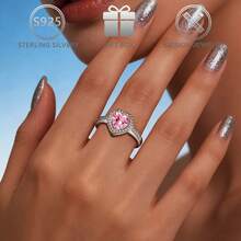 1pc 925 Silver Cubic Zirconia Elegant Adjustable Pink Heart Ring, Suitable For Daily Casual, Party, Wedding, Valentine's Day Gift - Silver - View 2