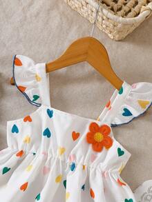 Young Girls Spring/Summer Heart & 3D Floral Print Ruffle Sleeve Top + Ruffled Shorts 2pcs Set - White - View 4
