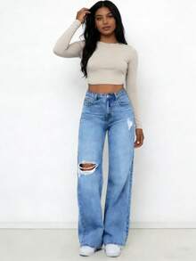 PETITE Women's Classic Washed Distressed Denim Jeans, Versatile Fashion, Suitable For Daily Commute Or Vacation Wear - Medium Wash - View 4