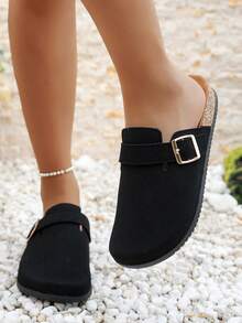 Women's Fashion New Plush Closed Toe Single Buckle Comfortable Indoor Outdoor Vacation Casual Flat Slippers - Black - View 3