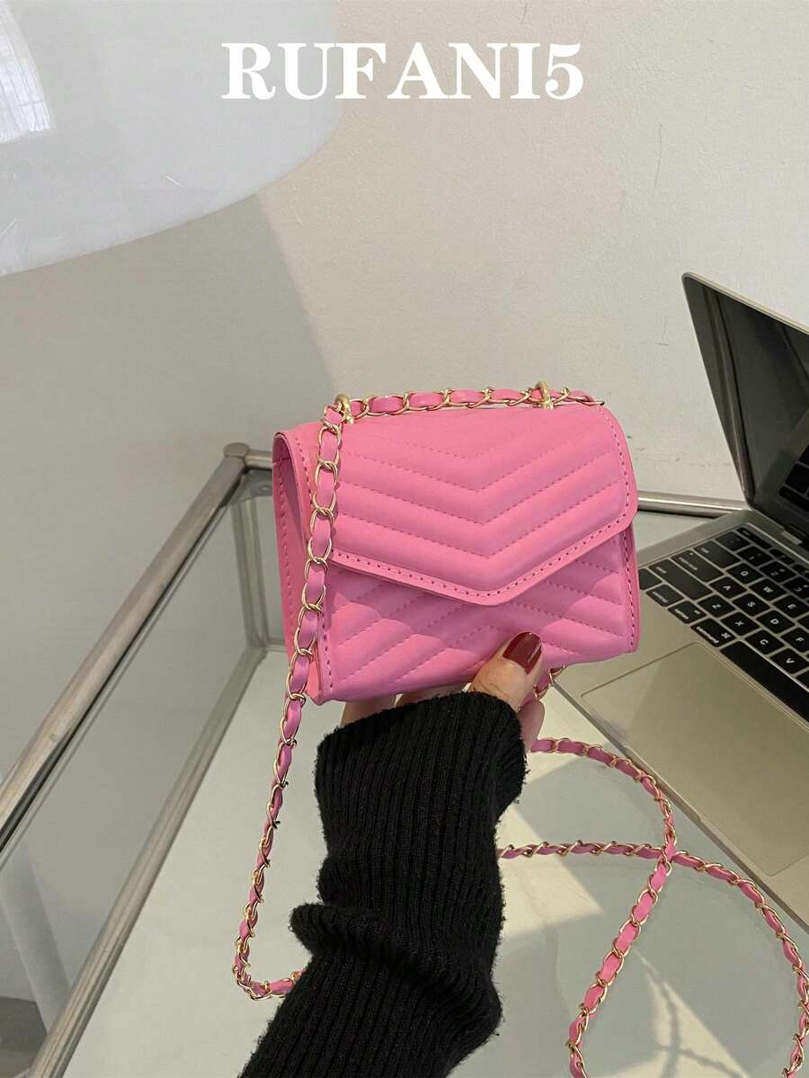Mini Chevron Quilted Square Bag Flap Chain pink - Pink - View 1