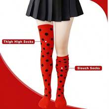 2 Pcs Ladybug Costume Set Red Black Polka Dot Stockings Fingerless Gloves Christmas Carnival Party - Multicolor - View 3