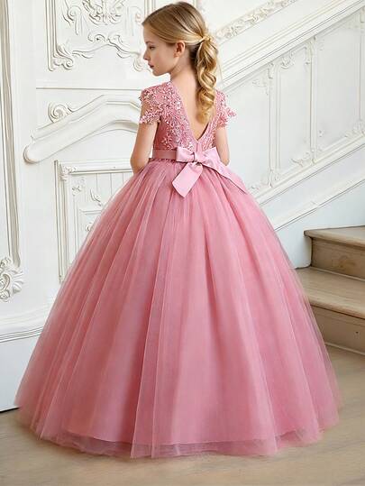 Tween Girls V-Neck Backless Embroidered Beaded Bow Mesh Elegant Party Dress, Suitable For Formal Dinner, Ball, Birthday, Without Headband