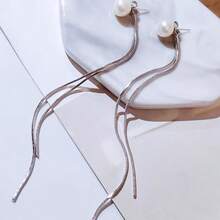 1对时尚简约仿珍珠流苏长耳环，优雅女士耳钉，适合日常佩戴 - 銀珍珠 - 查看 4