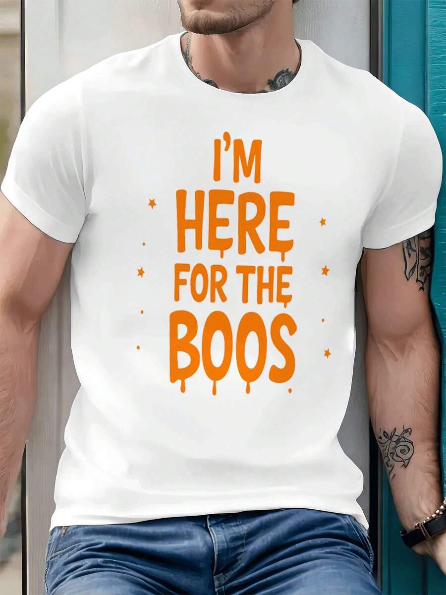 Maglietta di Halloween "I'm Here For The Boos" con scollo rotondo, vestibilità comoda, casual, design grafico - Bianco - Visualizzare 1