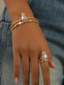 2 pezzi Set di bracciale e anello con charm a forma di faccia sorridente in zirconia cubica della serie fantasy, set di gioielli da matrimonio in lega di rame con zirconia cubica brillante, adatto per banchetti, balli, feste - Oro giallo - Visualizzare 5