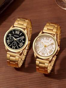 2 件套时尚商务休闲男女情侣手表，多功能圆形表盘钢带石英表，情侣礼品套装，适合返校季、派对、婚礼、节日、郊游、万圣节、圣诞节和日常佩戴，是送给情侣的最佳礼物。 - 白色 - 查看 12