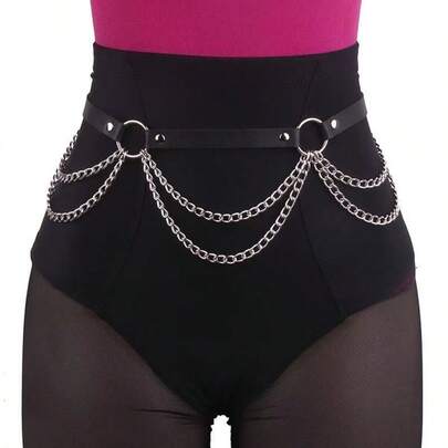 朋克风细款装饰腰带，简约百搭双层金属链流苏腰链，纯色PU皮革