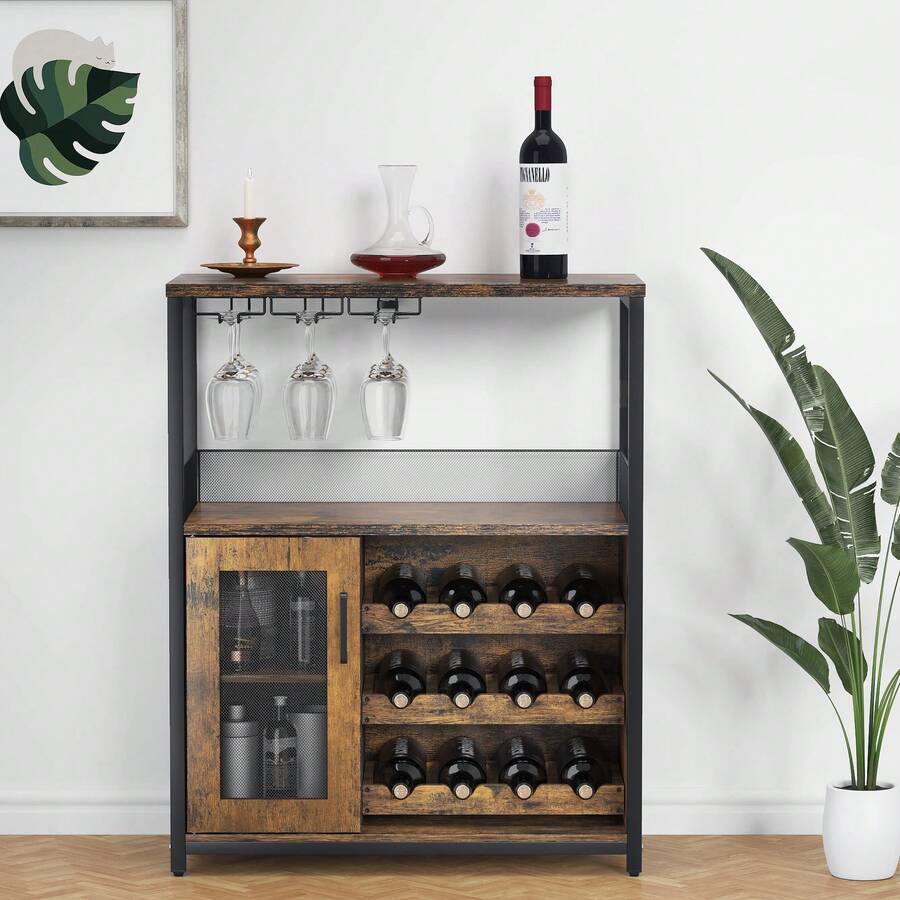 Huisuilinss Coffee Bar Cabinet,Modern Wine Bar Cabinet With Mesh Door,Freestanding Liquor Cabinet,Sideboard Buffet With Adjustable Glass Rack,Removable Shelves For Home Kitchen Dining Room - Retro color - View 1