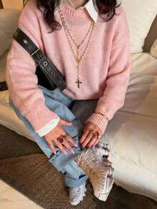 Valentine's Day HoloChill Women's Casual Style Round Neck Ribbed Semi-Sheer Pullover Sweater, 2026 New Arrival - Pink - View 3