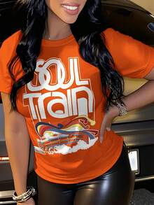 Women'S Casual Soul Train Print Lightweight T-Shirt, Crew Neck Short Sleeve Tops For Summer, Summer Vacation Clothing, Suitable For Festival & Daily Wear - 珊瑚橙 - 查看 1