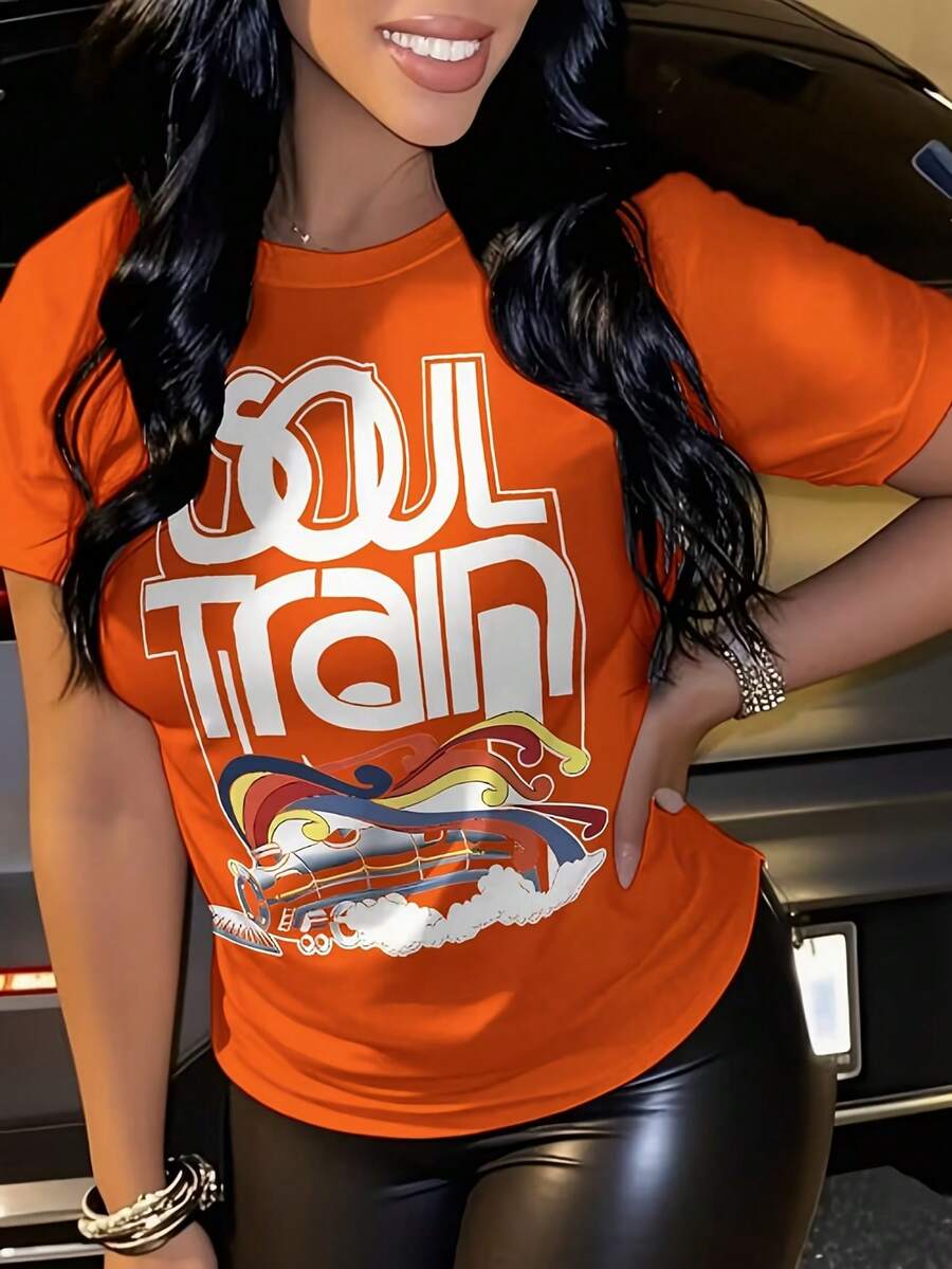 Women'S Casual Soul Train Print Lightweight T-Shirt, Crew Neck Short Sleeve Tops For Summer, Summer Vacation Clothing, Suitable For Festival & Daily Wear - 珊瑚橙 - 查看 1