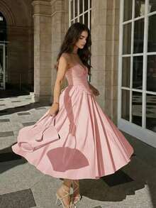 Đầm công chúa thanh lịch, sang trọng, cổ chữ V, thắt nơ, không dây vai, hở lưng, ôm sát người dành cho phụ nữ. - Hồng - Xem 5