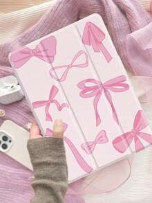 Kawaii Pink Bow Pattern IPad Case Auto Wake Sleep Tri-Fold Stand Shockproof With Pen Holder For IPad 10/Air 5/11 M3/Pro 11 - Baby Pink - View 1