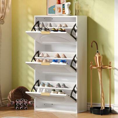 Shoe Cabinet With 3 Knobs For Shoe Storage In The Hallway And Living Room. Black, White, Dimensions: 60 X 24 X 114 Cm