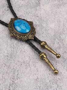 1件时尚百搭蕾丝椭圆形蓝色树脂项链，领结衬衫皮革长项链，个性化简约编织男女通用颈链，情人节派对礼物，日常佩戴 - 復古銀色 - 查看 4