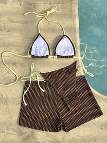 Sultry Sol 3pcs Women Bikini Swimwear, Casual Polka Dot Pattern Beach Swimwear, Brown & Yellow Shorts, Fashionable For Outdoor, Fitness, Daily Wear, Y2K, 2000s - Brown - View 7