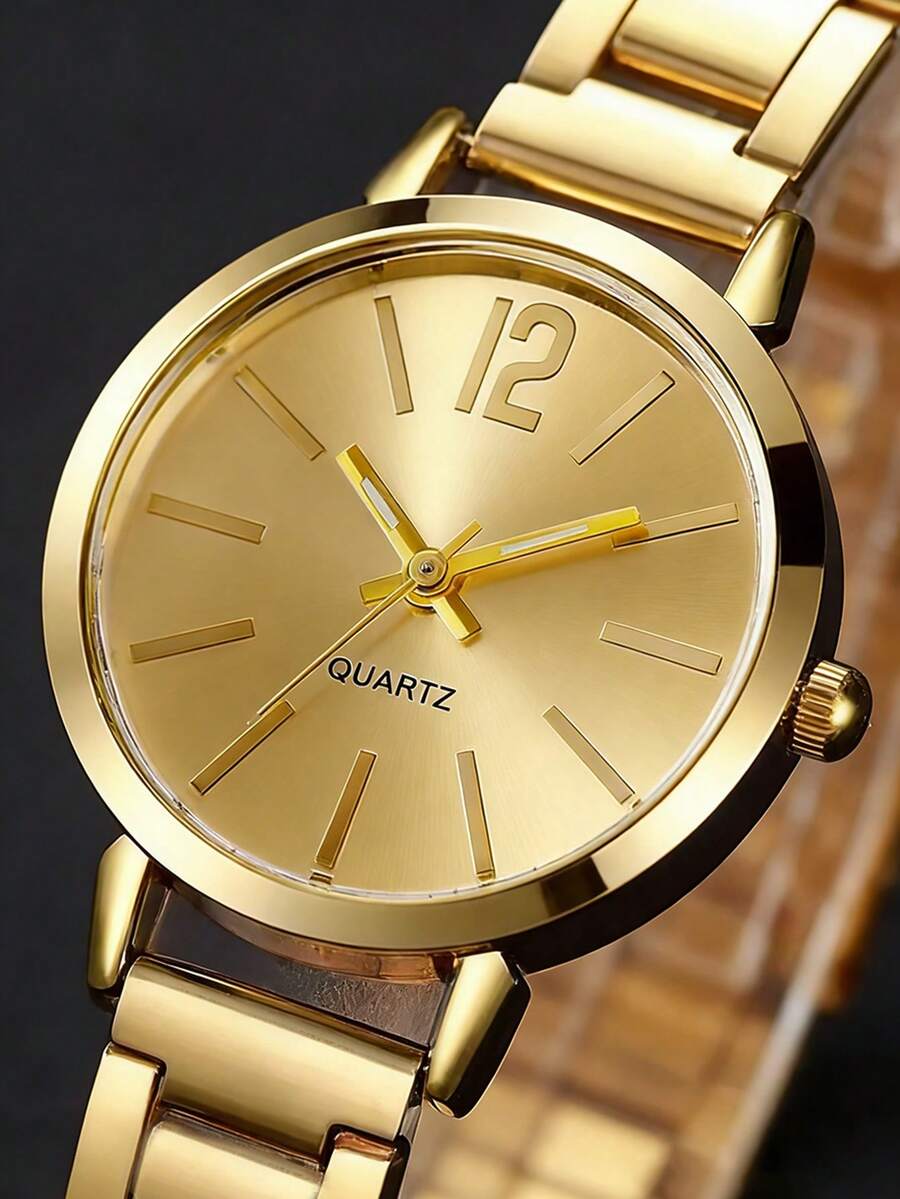 1 set ceas compact cu cuarț auriu la modă și brățară cu strasuri cu inimă aurie pentru adolescenți, carcasă și curea din aliaj, baterie nereîncărcabilă, potrivit ca și cadou pentru întoarcerea la școală, articol versatil, dimensiune curea reglabilă - imagine 5