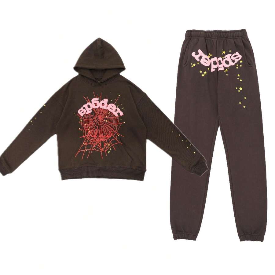 2026 Hip Hop Fashion Printed Hoodie, Loose Men's And Women's Hooded Sweatshirt Spider Web Fashion Hip-Hop Printed Flower Hoodie, European And American Brand Large-Sized Loose Men's And Women's Hooded Sweatshirt Set - Brown - View 1