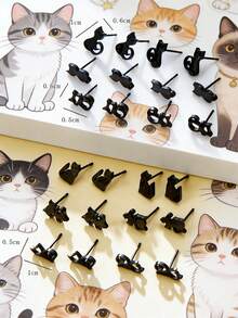 12pairs Cartoon Cat Stud Earrings - Black - View 11