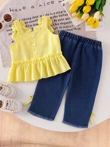 2pcs Baby Girl Sweet & Fresh Striped Ruffle Back Button Half-Placket Bow Strap Top And Bowknot Frayed Waist Elastic Waist Denim Pants Set - Yellow - View 3
