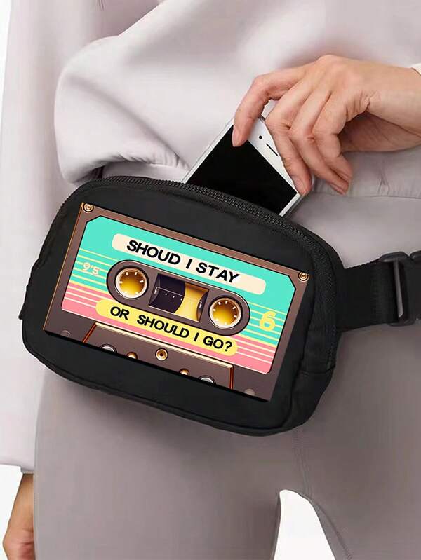 1 pieza Bolso bandolera/de pecho con estampado de cinta de casete vintage - Diseño nostálgico de los años 80, impermeable para deportes al aire libre, bolso bandolera, bolso deportivo, con correa ajustable y cierre de cremallera, bolso de hombro para mujer, para teléfono