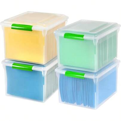 File Box File Organizer Plastic File Box For Letter/Legal File, Plastic Storage Bin Tote Organizer W/Secure Latching Lid And Easy-Slide Pad, Clear 35 Qt. 4Pack