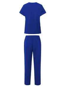 Black V-Neck Short Sleeve Scrub Set, Medical Uniform For Doctors And Nurses - Blue - View 5