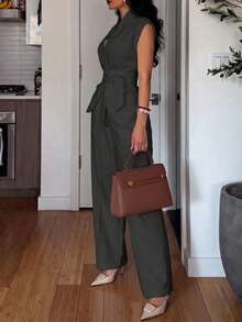 两件套优雅休闲通勤商务职场法式系带无袖背心上衣+宽松阔腿裤两件套夏季套装 - 深灰色 - 查看 4