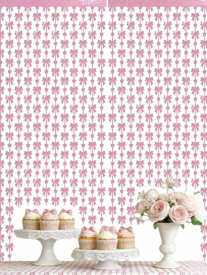 粉色蝴蝶结窗帘，粉色蝴蝶结箔边窗帘，粉色生日装饰，蝴蝶结派对装饰，适用于粉色蝴蝶结生日派对、可爱派对、公主主题、闪光背景装饰、婚礼、单身派对、婴儿派对用品