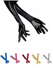 1 par de guantes largos de mujer de cuero sintético sexy, guantes ajustados negros, adecuados para disfraces de Halloween, actuaciones de pole dance en verano - color sólido - Ver 1