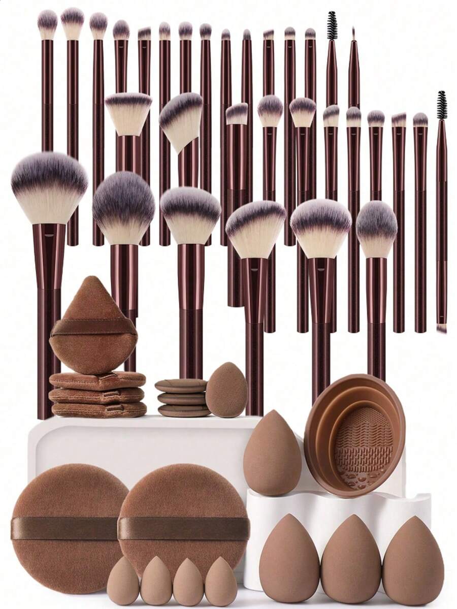 51PCS Makeup Tools Set Including:32PCS Makeup Brush Set+4PCS Triangle Powder Puffs+4PCS Mini Air Cushion Powder Puffs+4PCS Makeup Sponges+1pc Makeup Brush Cleaning Tools+2PCS Circular Powder Puffs+4PCS Mini Makeup Sponges,All-In-One & Beginner-Friendly | Travel-Ready & Gift-Ready | Perfect For Newbies/Her - Multicolor - View 1