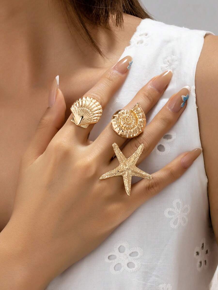 3件套夏季波西米亚风海洋生物海星戒指套装，适合海滩度假、旅行，波西米亚风格配饰 - 金色 - 查看 1