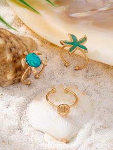 Bộ 3 chiếc nhẫn hình rùa và sao biển phong cách bãi biển, nhẫn xếp chồng phong cách Boho, thích hợp cho đồ bơi và kỳ nghỉ. - Nhiều màu - Xem 4