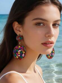 imoli Pendientes largos de color al azar con diamante de imitación oval - Multicolor - Ver 3