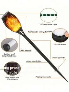 1/2/4/6/8/12 件户外太阳能火焰灯，51 个 LED 太阳能火炬，带闪烁火焰，适用于户外装饰、防水花园灯、太阳能供电、景观照明，适用于万圣节、圣诞节、家居节日装饰 - 暖光 - 查看 10