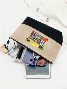 Black Khaki Set With The Letter "Beach" Printed On It, Beach Bag, With Makeup Bag, Small Square Bag, Hat, Large Capacity, Shoulder Strap, Adjustable, Convenient Small Bag Combination, Solving The Problem Of Messy Travel Cosmetics, Professional Makeup Bag, Square Bag, Tote Bag, Coin Purse, Storage Bag - Multicolor - View 2