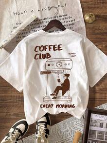 Coffee Club Graphic T-Shirt, Casual Women's Round Neck Short Sleeve Tee For Spring And Summer White - White - View 4
